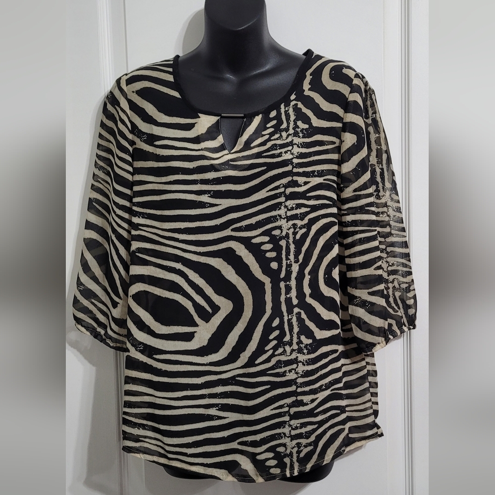⭐️ Soya Concept Black & Tan Zebra Animal Print 3/4 Sleeve Sheer Blouse Sz Sm